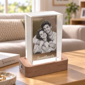 Personalised Crystal Photo Block with Wooden LED Base
