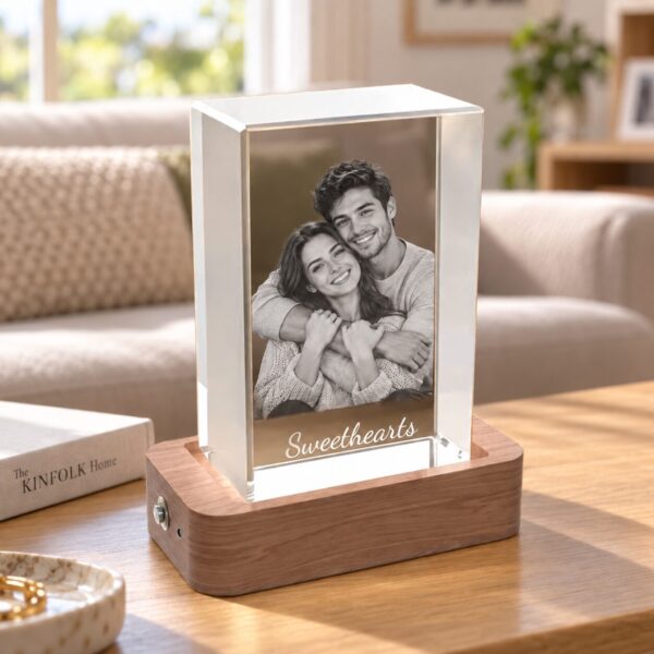 Personalised Crystal Photo Block with Wooden LED Base