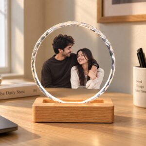Personalised Round Crystal Photo Frame with Wooden LED Base