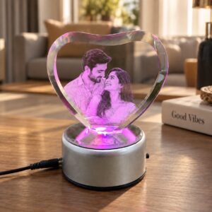Personalised Heart Crystal Photo Frame with Rotating LED Base