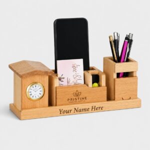 Bamboo Multi-Compartment Desk Organizer with Clock