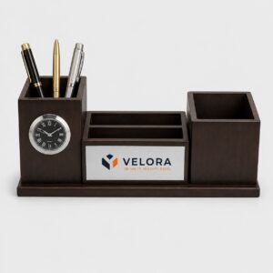 Executive Wooden Desk Organizer with Clock & Card Holder