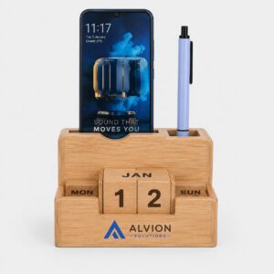 Bamboo Mobile Holder with Pen Stand & Perpetual Calendar