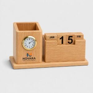 Bamboo Pen Stand with Clock & Perpetual Calendar