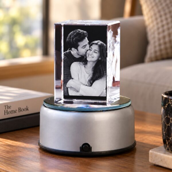 Personalised Crystal Photo Block with Rotating LED Base