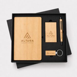 Bamboo 4-in-1 Notebook, Card Holder, Pen & Keychain Gift Set