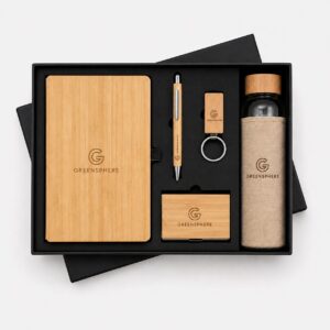 Eco Bamboo 5-in-1 Notebook, Bottle, Pen, Keychain & Card Holder Gift Set
