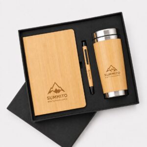 Bamboo Notebook, Pen & Vacuum Flask Gift Set