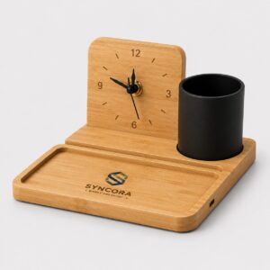 Bamboo Desk Clock & Cup Holder Station