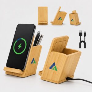 Bamboo Wireless Charging Mobile Stand with Pen Holder