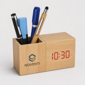 Bamboo LED Digital Clock & Pen Stand