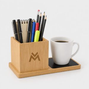 Bamboo Pen Holder & Cup Coaster Desk Station