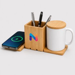 Bamboo Wireless Charging Desk Station with Pen Holder & Cup Coaster